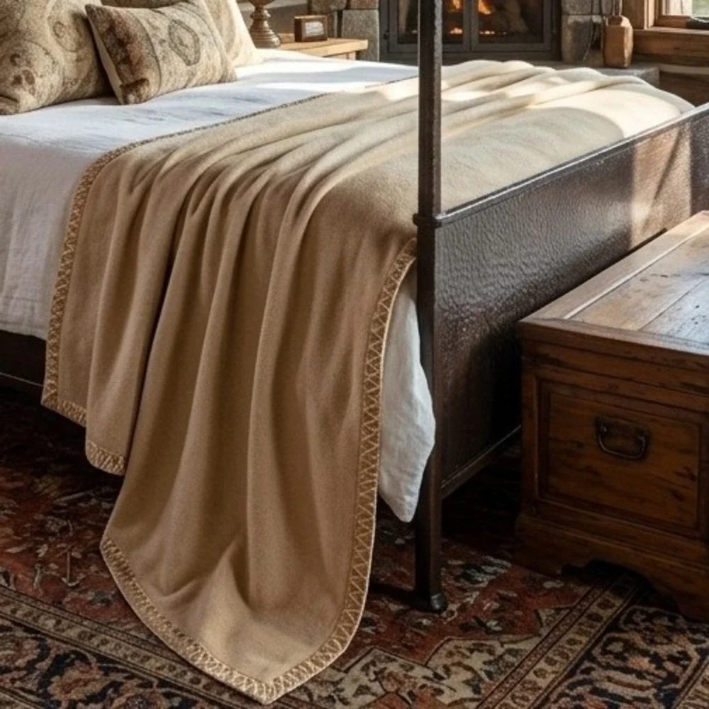 Vintage Camel Tan Wool Blend Blanket Velvet Binding Trim Oversized 94x84 Rustic